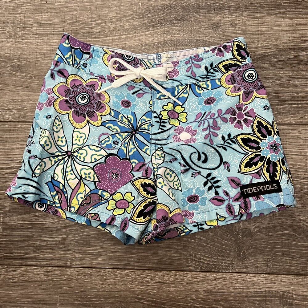 Tidepools Board Shorts Girls sz M Blue Floral Topsy Turvy Hook Loop Tie Sold Out
